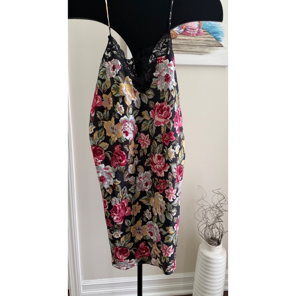 Vintage Inner Most Floral Lace Trim Satin Chemise Nightgown Large Made in USA